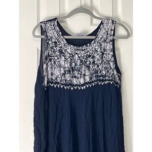 Mamta Navy Blue Batik Handkerchief Hem Rayon Dress Embroidered Boho Free Size